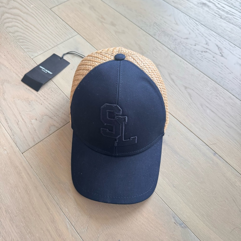 Authentic SAINT LAURENT SL LOGO Navy COTTON & RAFFIA BASEBALL CAP Hat adjustable